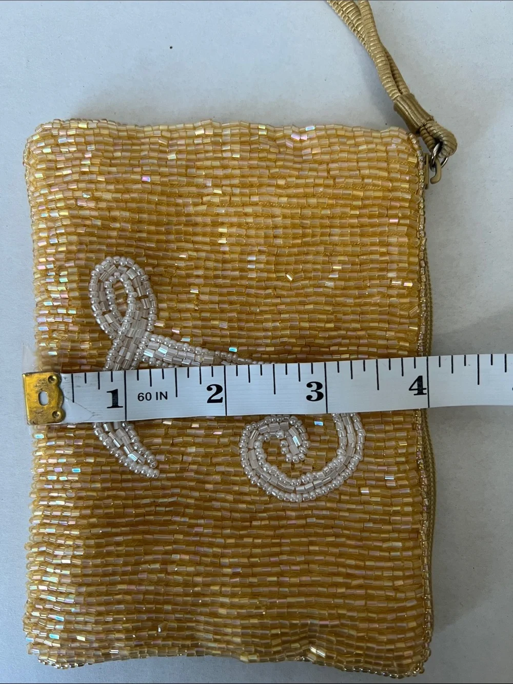 Gold Beaded Wristlet Clutch with Monogram L